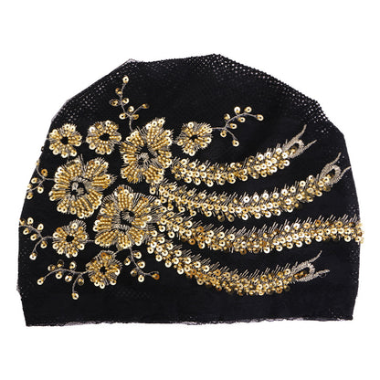 Lace Beaded Sequin Floral Turban Hat, Base Hat, Head Wrap Hat, Mesh Hair Protection Hat Jdt-523