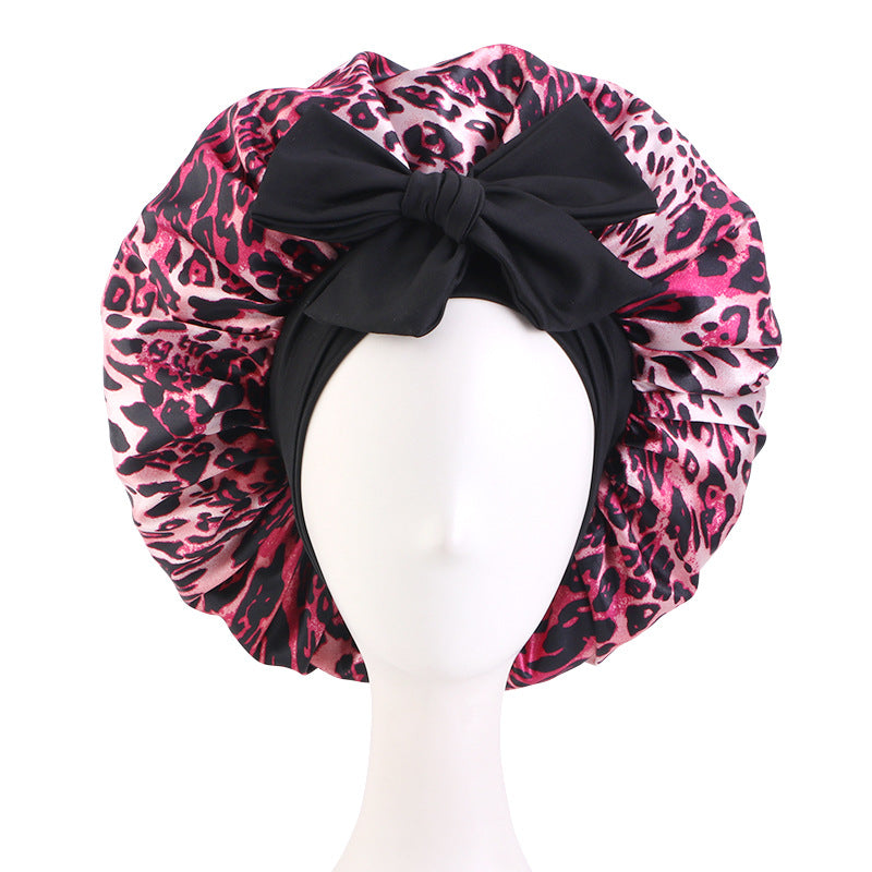 Cross-Border Large Leopard Print Ribbon Sleep Cap, Knotted Hair Protection Cap, Tie-On Shower Cap, Postpartum Cap Jdb-408J-2