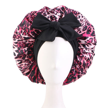 Cross-Border Large Leopard Print Ribbon Sleep Cap, Knotted Hair Protection Cap, Tie-On Shower Cap, Postpartum Cap Jdb-408J-2