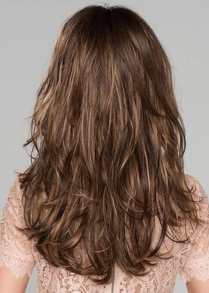 Lange, geschichtete, gewellte Perücken aus Echthaar für Damen mit Pony, kappenlose Perücken, 22 Zoll