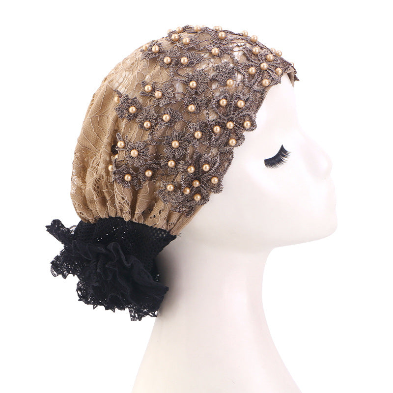Cross-Border Pearl Diamond Breathable Lace Hat, Floral Ethnic Hat, Hair Care Turban Hat Jdt-501