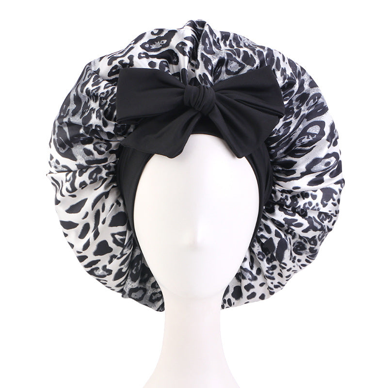 Cross-Border Large Leopard Print Ribbon Sleep Cap, Knotted Hair Protection Cap, Tie-On Shower Cap, Postpartum Cap Jdb-408J-2