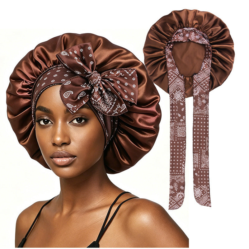 Cross border new cashew flower printed adjustable ribbon nightcap with wide edge straps and knotted headband hat JDB-528