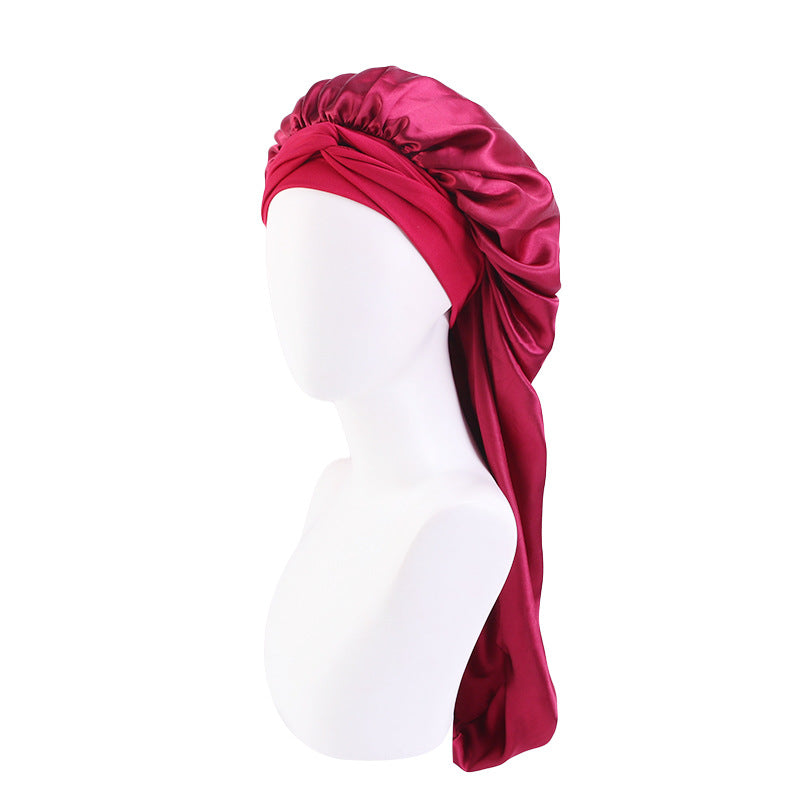 Wide-brimmed elastic ribbon women's headscarf hat perm hair care hat cross-border hot sale satin long nightcap