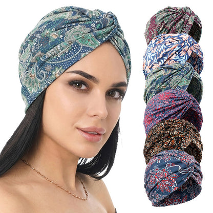 Cross-Border New Style Printed Cross-Twist Hat, Women's Elastic Turban Hat, Indian Hat Jdt-163I