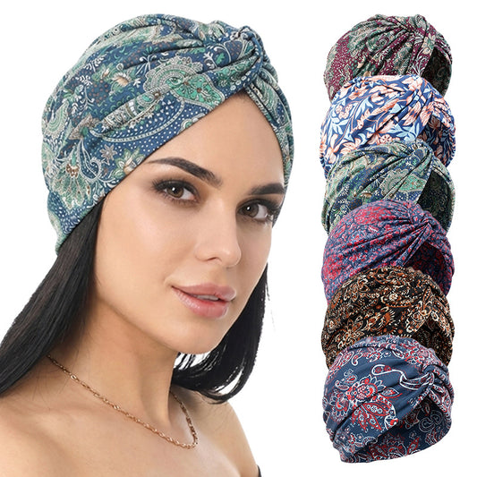 Cross-Border New Style Printed Cross-Twist Hat, Women's Elastic Turban Hat, Indian Hat Jdt-163I