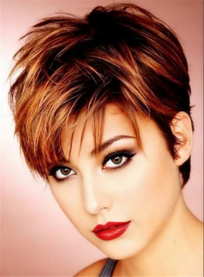 Seidig geschichtete natürliche braune Pixie-Perücke, glatt, 100 % Echthaar, Lace-Front, 6 Zoll