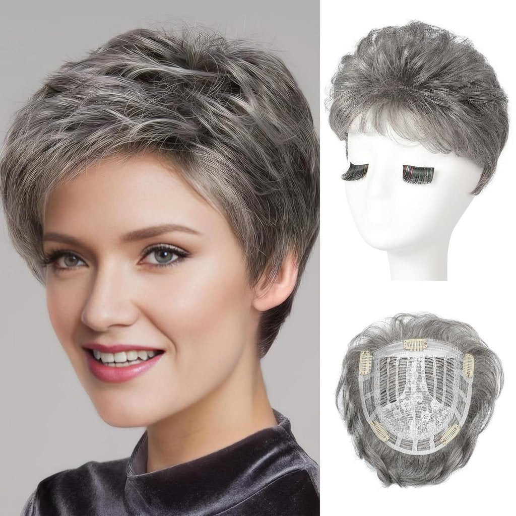Short Wiglet Hair Topper for Women with Thinning Hair Large Coverage Synthetic Top Grey