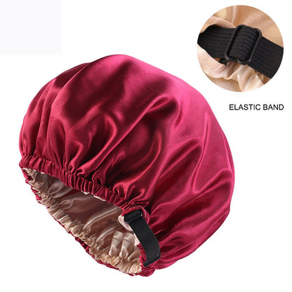 Cross-border supply of colored nightcap invisible flat adjustable buckle silk double shower cap beauty hair care hat