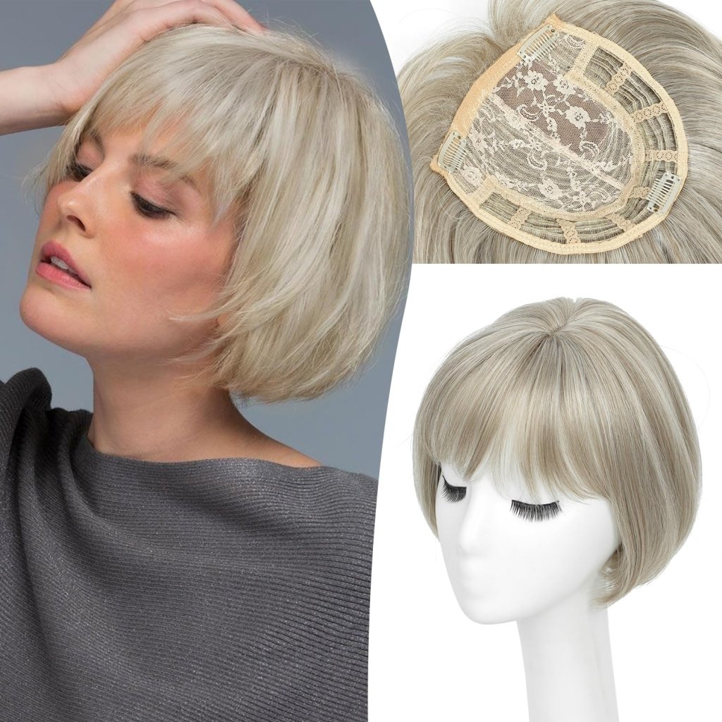 Human Hair Pieces Short Bob Hair Toppers with Bangs Side Part Hair