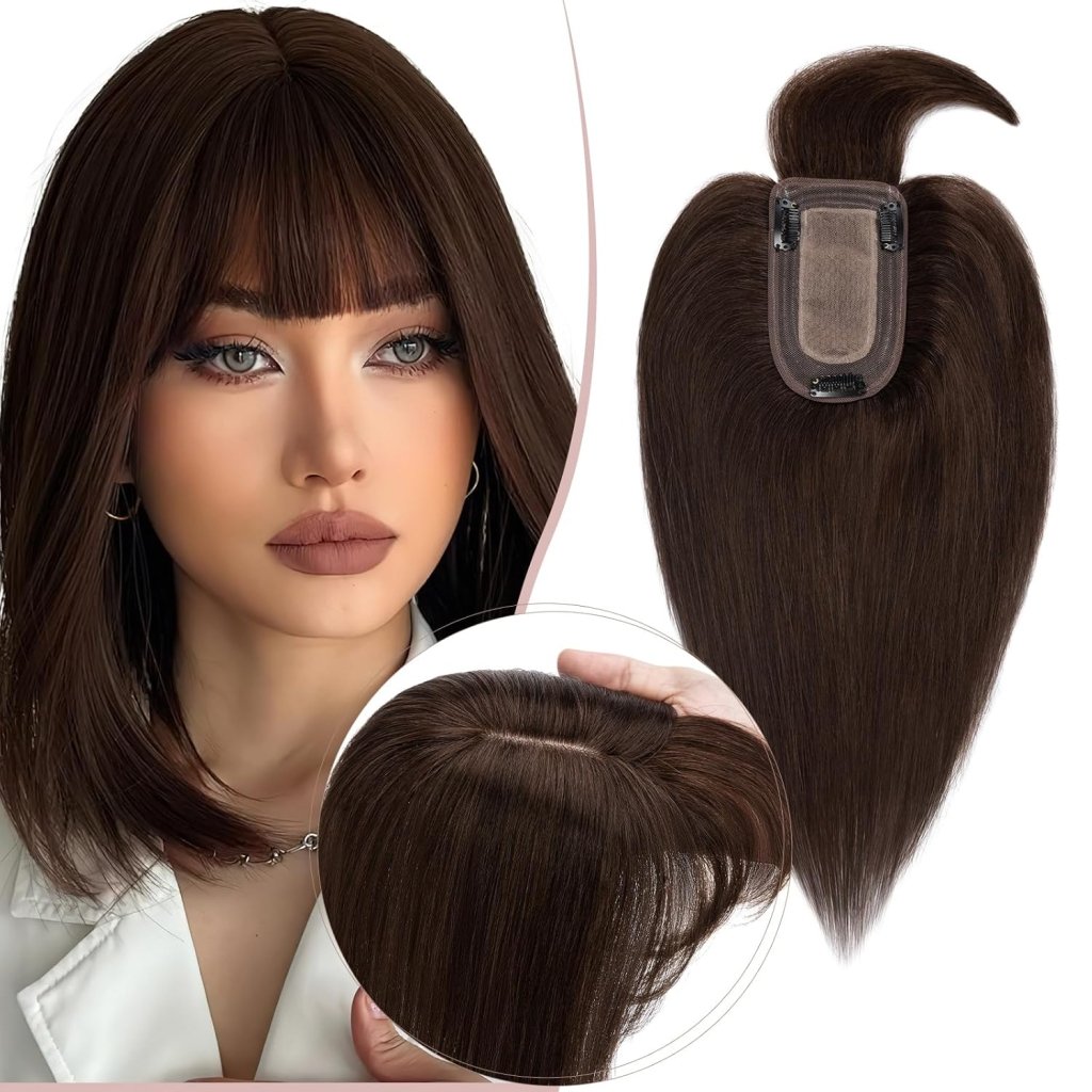Human Hair Topper with Bangs - Real Human Hair Toppers for Women with Thin Hair