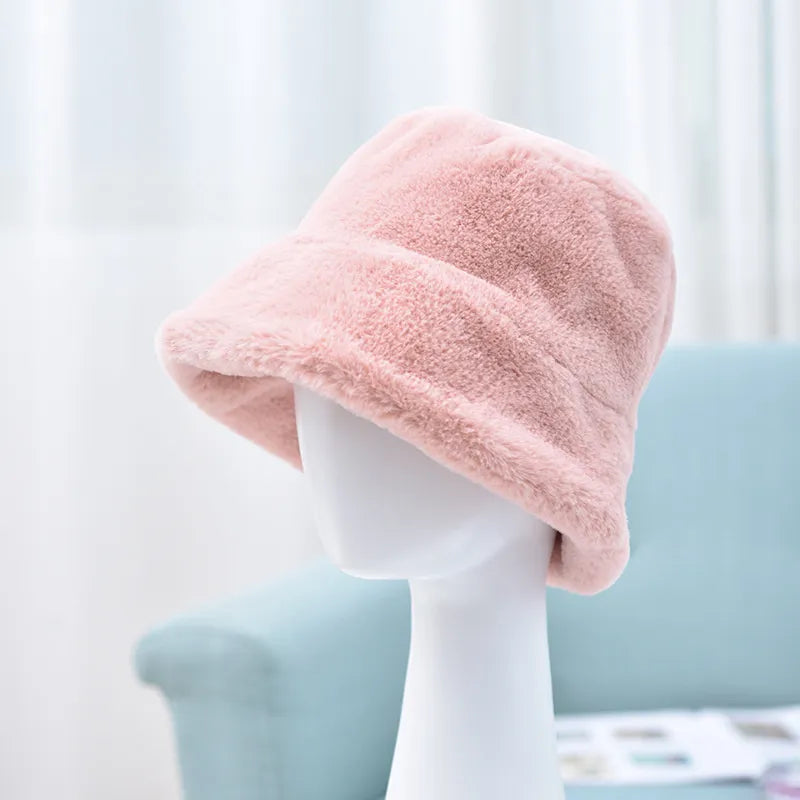 Women's Plain Pattern Wide Brim Sweet Style Flat Crown Fur Bucket Hat