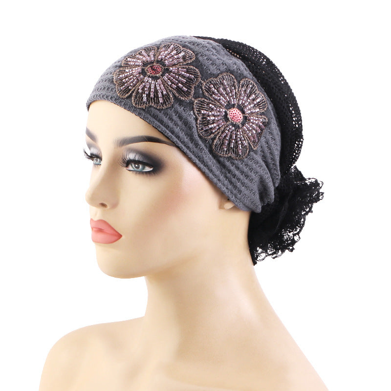 New Cross-Border Floral Hat with Beaded Flower Accessories, Headscarf Hat, Hair Protection Headscarf Hat Jdt-518