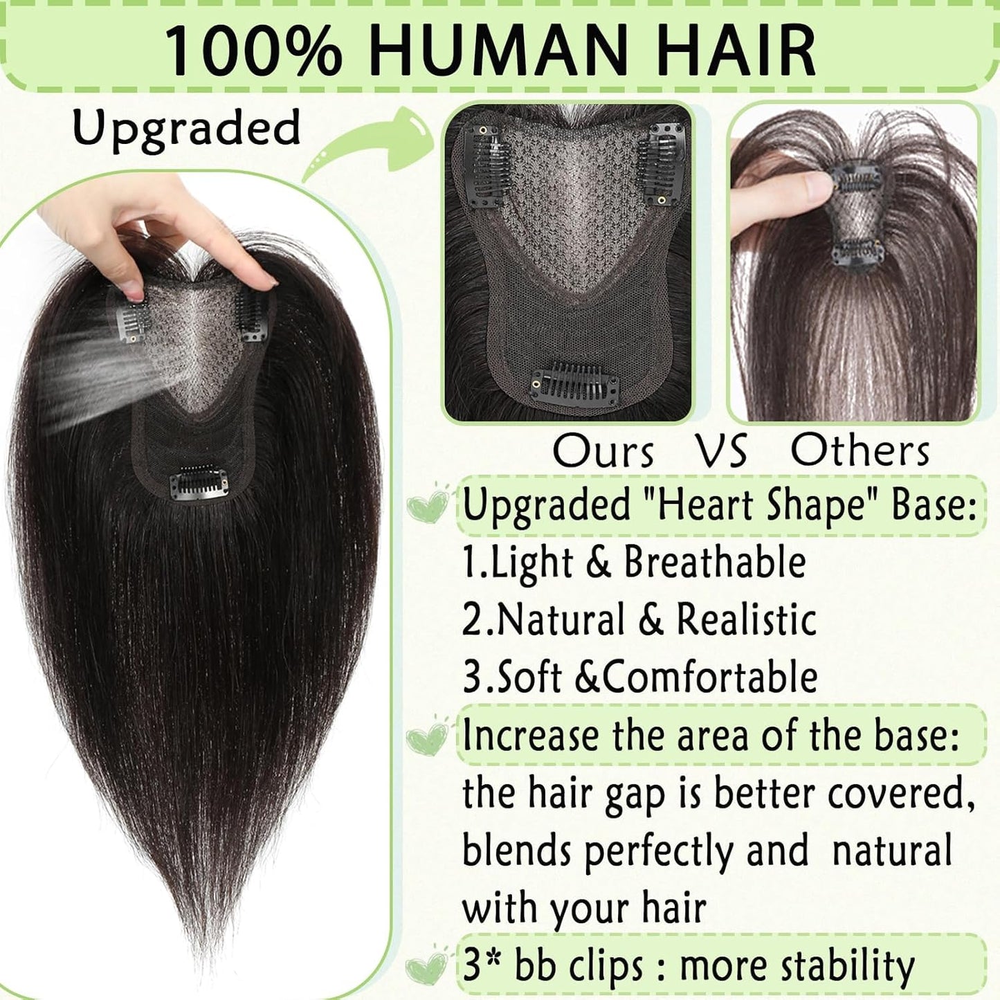 Hair Toppers for Women Real Human Hair 360° No Bangs Upgrade Lace Base Human Hair Toppers