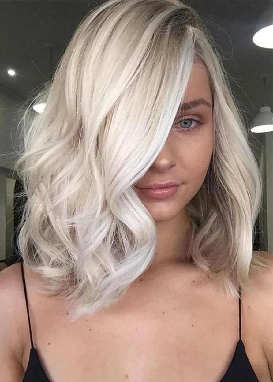 Women's Medium Side Part Hairstyles Blonde Color Human Hair Capless Wavy Wigs 20Inches