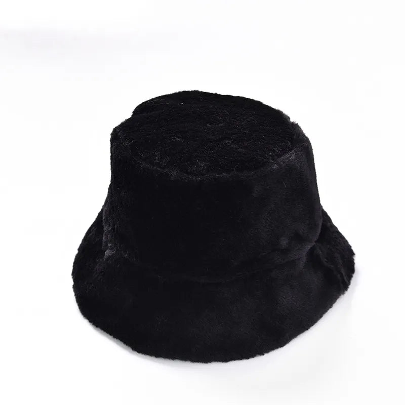 Women's Plain Pattern Wide Brim Sweet Style Flat Crown Fur Bucket Hat