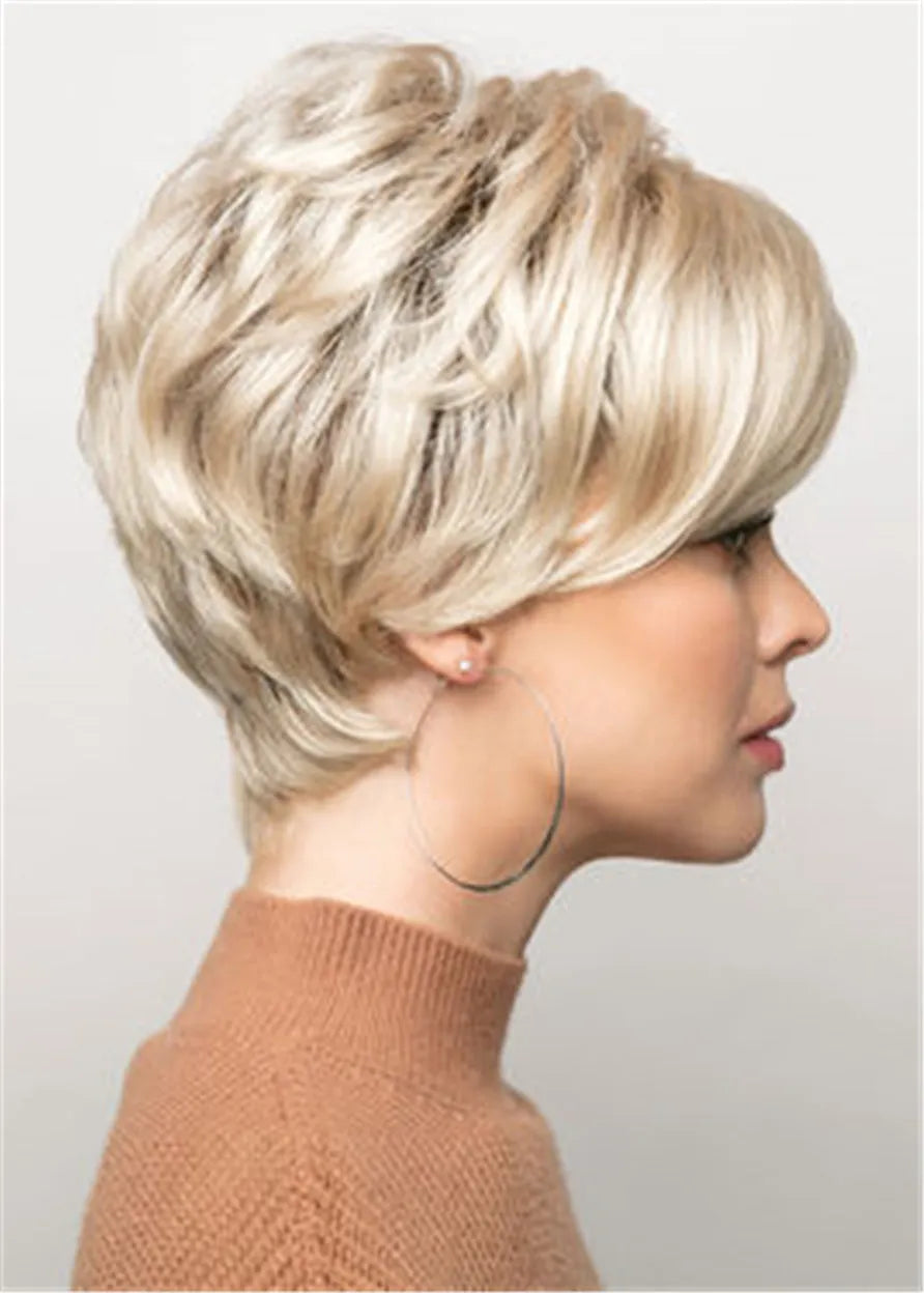 Pixie Cut Side Parted Feathered Sraight Synthetic Hair Capless Wigs 8 Inch