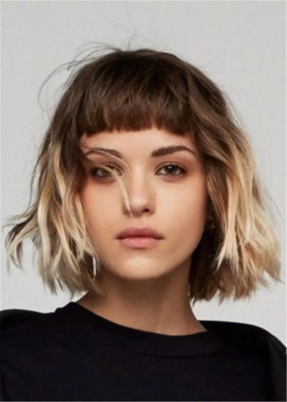 Bob Hairstyle Wavy Human Hair With Bangs Wig 12 Inches