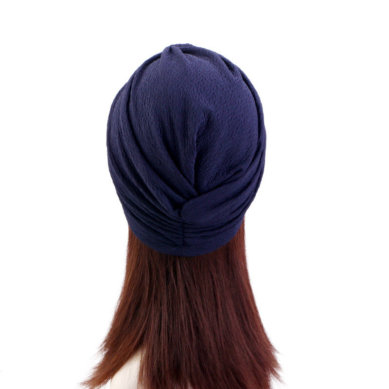 European and American Popular High-Elastic Bubble Fabric Knotted Headscarf Hat, Ethnic Hat, Turban, Chemotherapy Hat, Headscarf Hat