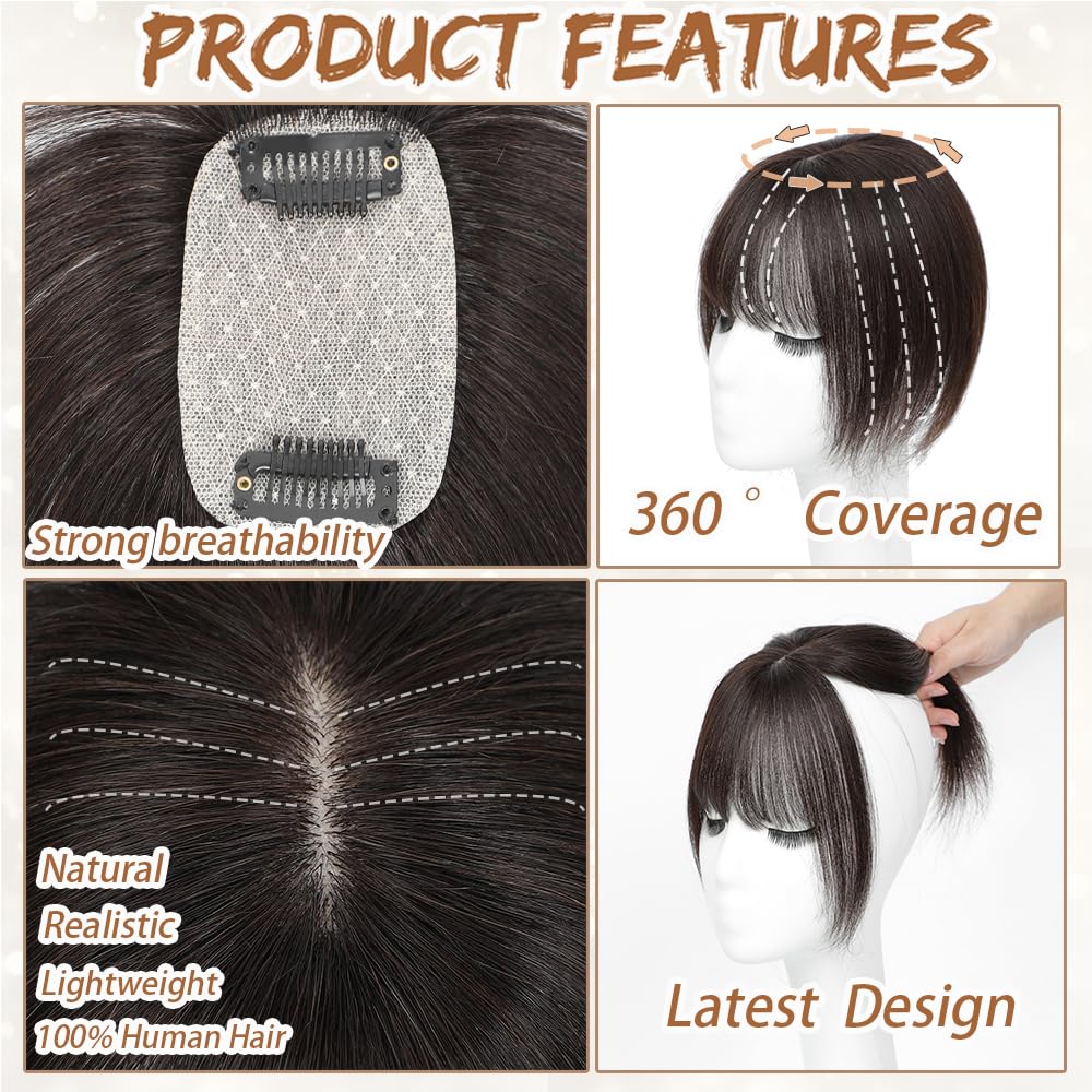 Hair Toppers for Women Real Human Hair, Bangs Hair Clip 360° 3D Cover Human Hair Topper with Bangs