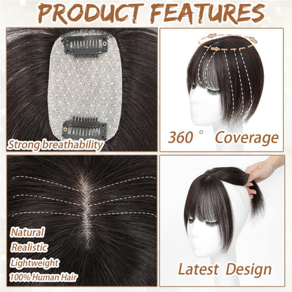 Hair Toppers for Women Real Human Hair, Bangs Hair Clip 360° 3D Cover Human Hair Topper with Bangs