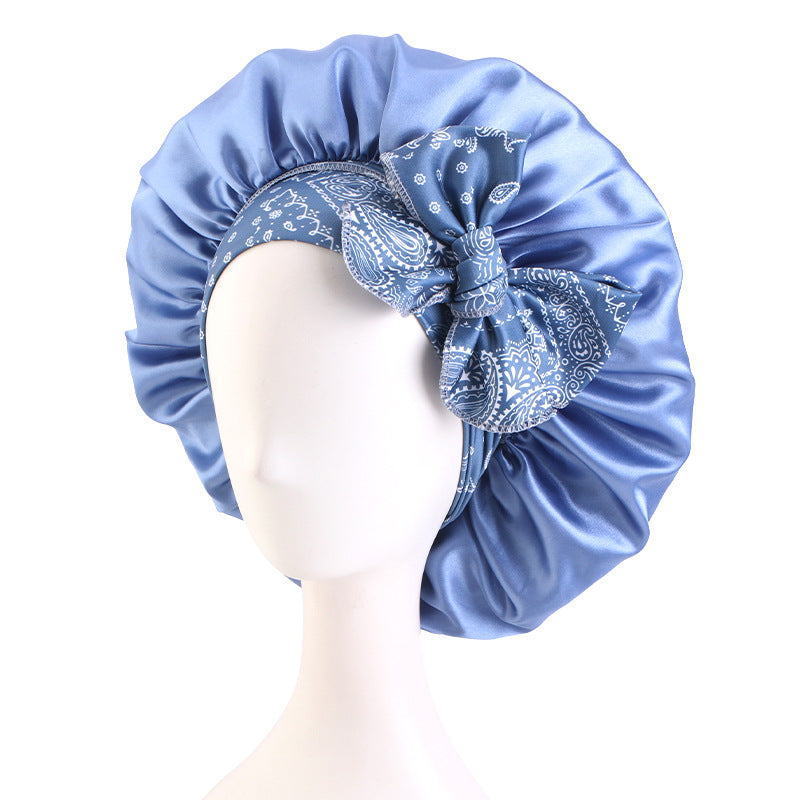 Cross border new cashew flower printed adjustable ribbon nightcap with wide edge straps and knotted headband hat JDB-528