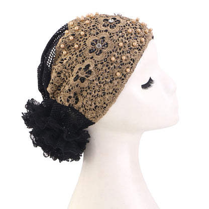 Cross-Border New Breathable Lace Pearl Hat, Floral Turban Hat, Head Wrap Hat, Hair Care Hat Jdt-502