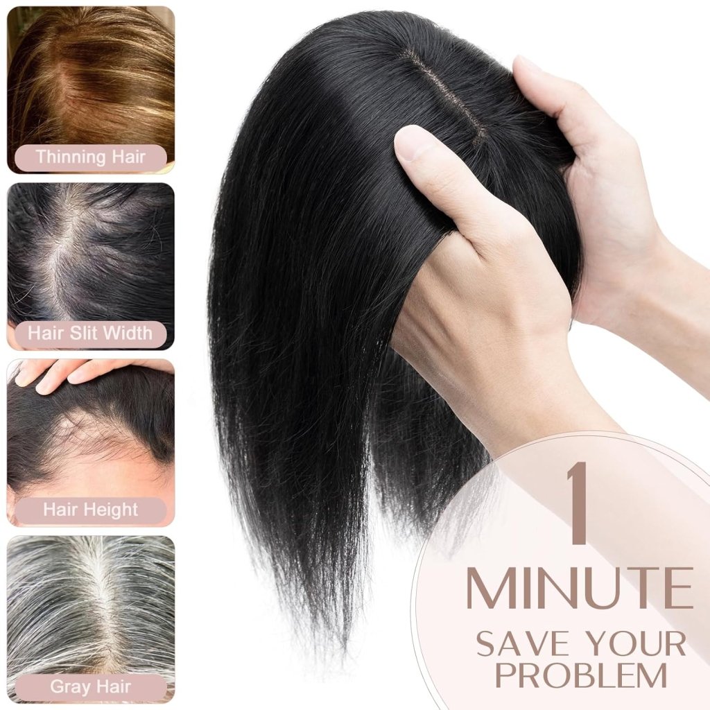 Human Hair Topper with Bangs - Real Human Hair Toppers for Women with Thin Hair