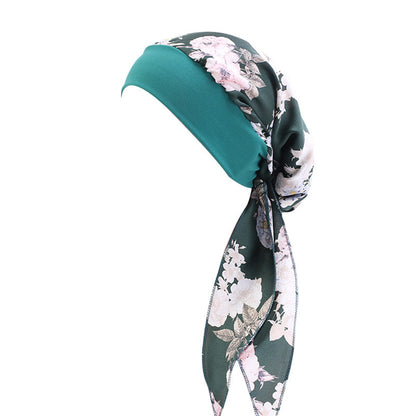 Pastoral Style Elastic Wide-Brimmed Imitation Silk Turban Hat, Long Tail Braid Hat, Chemotherapy Hat, Cross-Border Supply