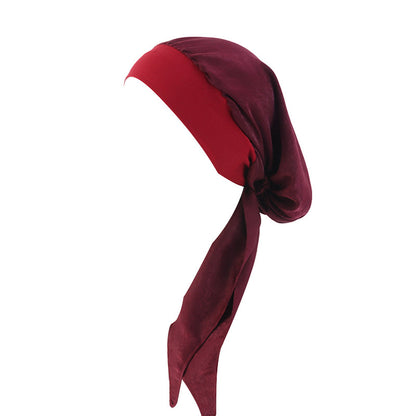 Pastoral Style Elastic Wide-Brimmed Imitation Silk Turban Hat, Long Tail Braid Hat, Chemotherapy Hat, Cross-Border Supply