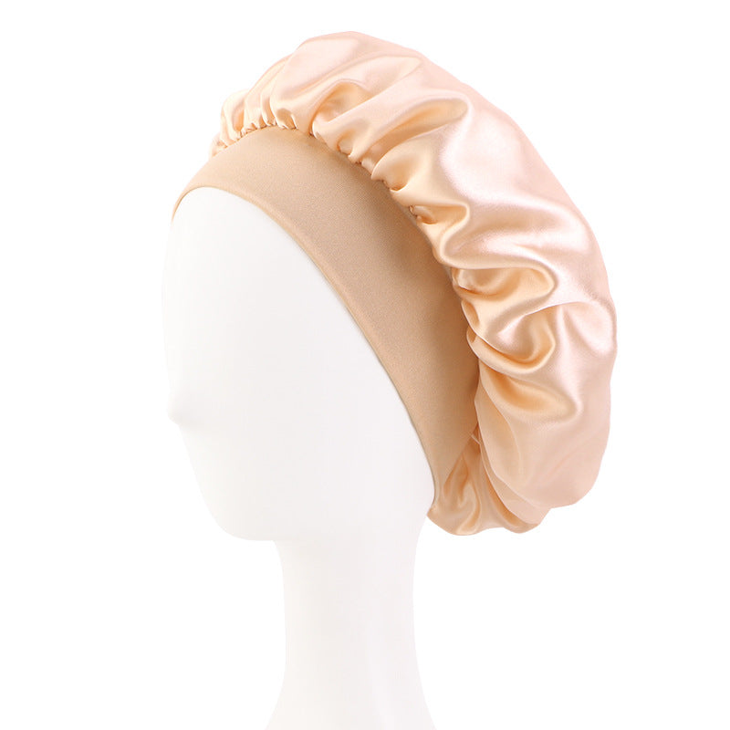 LOGO printing satin nightcap wide brimmed hair band round hat turban hat beauty salon home hat TJM-301