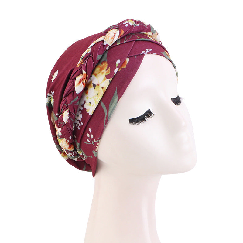 Cross-border New Printed Twist Braid Double Cross Twist Hat Bohemian Style Small Hat Stretch Baotou Hat