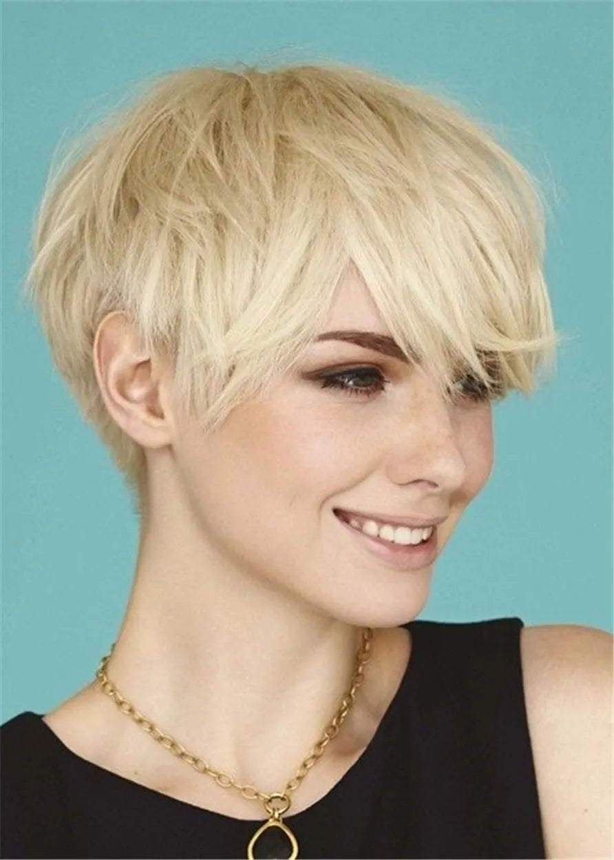 Boy Cut Hairstyle Layered Straight Human Hair Capless Women Wig