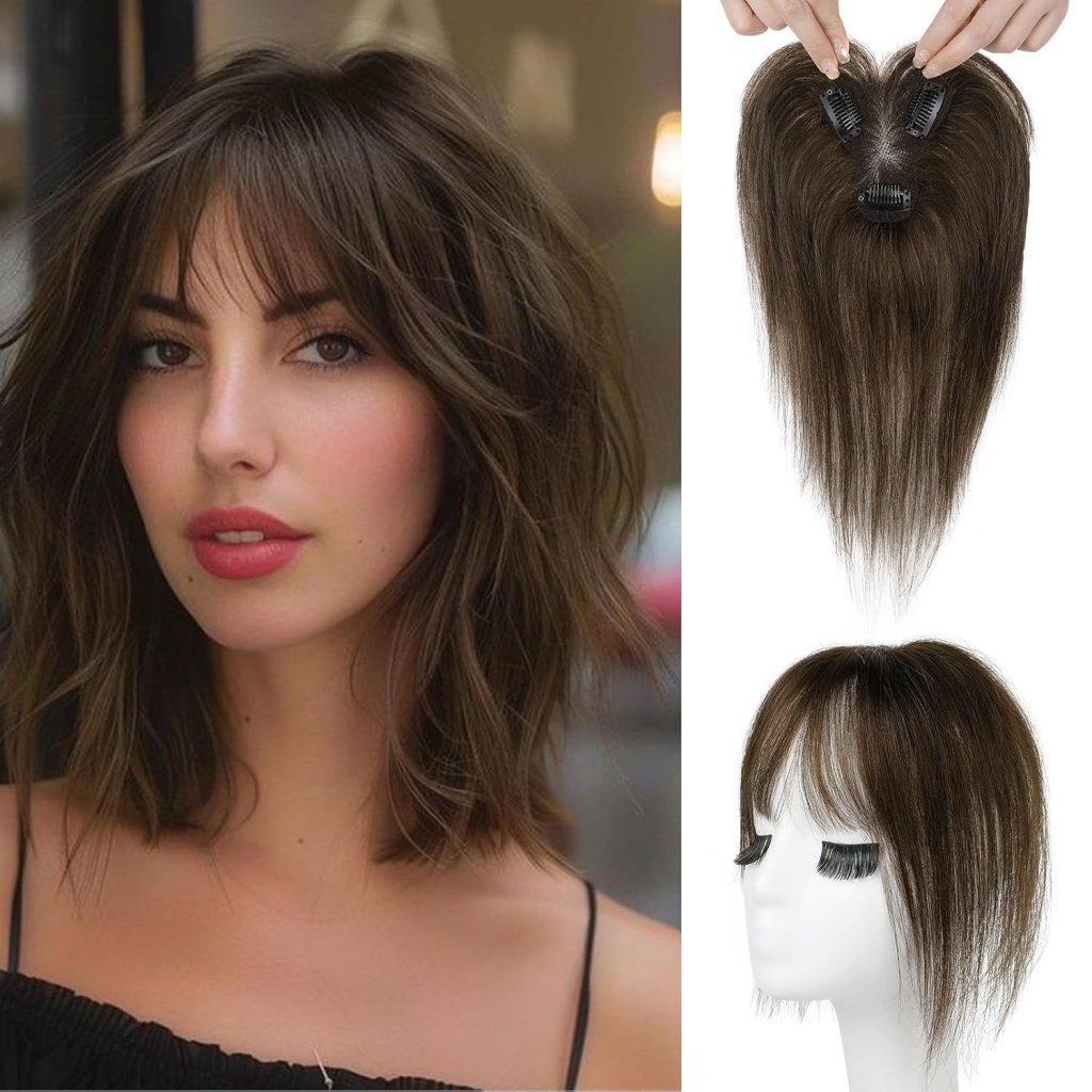 Hair Toppers for Women Real Human Hair Seamless Hair Piece with Bangs