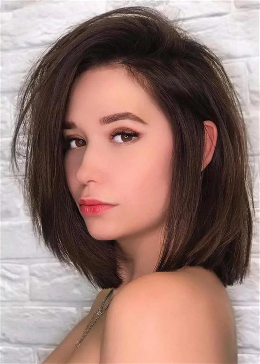 Shaggy Layered Bob Hairstyle Natural Straight Human Hair Side Parted Capless Wigs 16 Inch