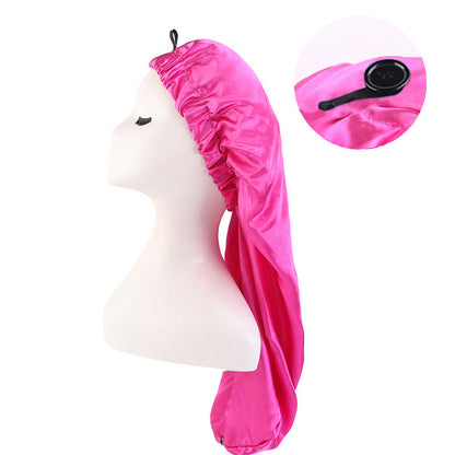 Cross-Border special satin nightcap elastic band buckle long tube hair care cap dual-purpose long hair cap shower cap turban hat