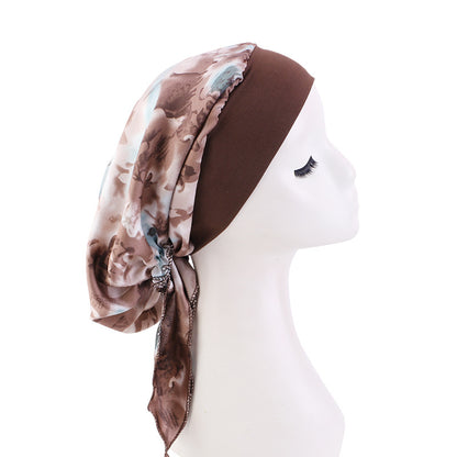 Amazon Women's Silk Chemotherapy Hat Nightcap Printed Band Tapes Hat Ethnic Hair Care Hat JDT-329D