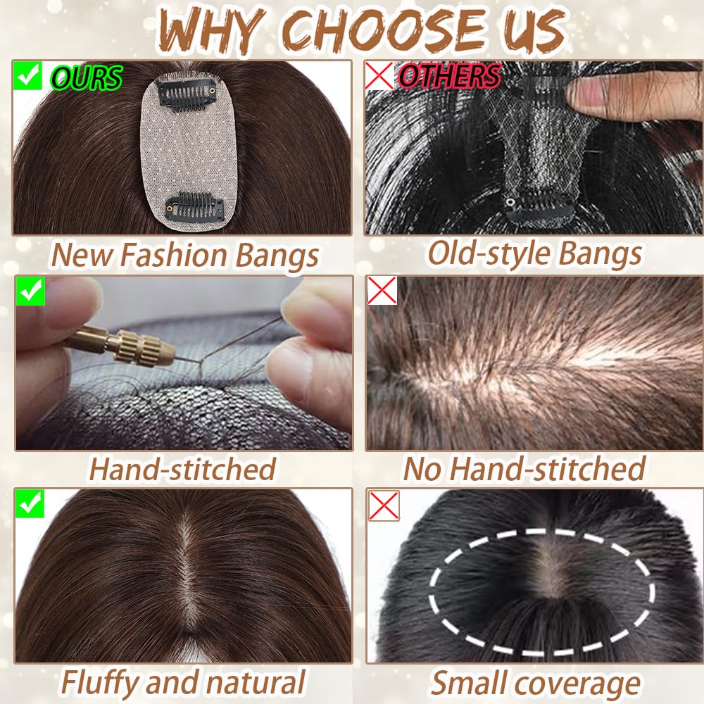 Hair Toppers for Women Real Human Hair, Bangs Hair Clip 360° 3D Cover Human Hair Topper with Bangs