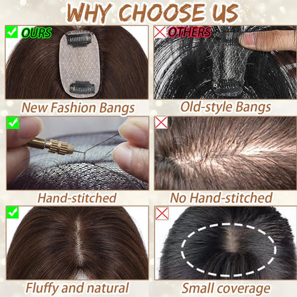 Hair Toppers for Women Real Human Hair, Bangs Hair Clip 360° 3D Cover Human Hair Topper with Bangs