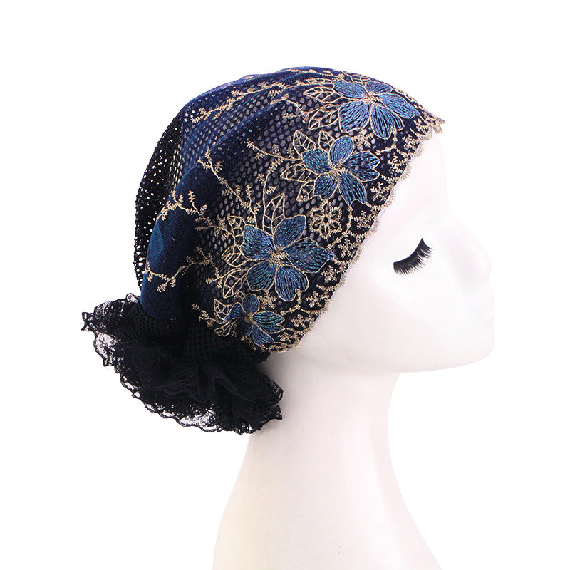 New Cross-Border Breathable Lace Hat, Floral Turban Hat, Ethnic Hat, Hair Care Hat Jdt-500