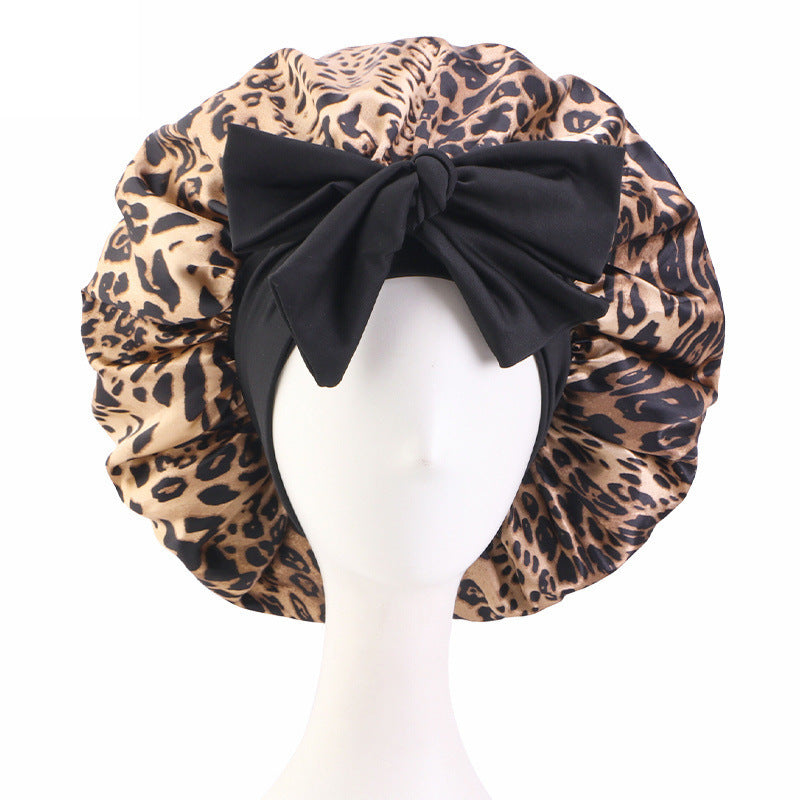 Cross-Border Large Leopard Print Ribbon Sleep Cap, Knotted Hair Protection Cap, Tie-On Shower Cap, Postpartum Cap Jdb-408J-2
