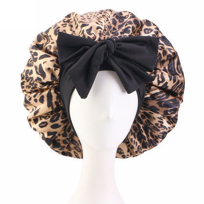 Cross-Border Large Leopard Print Ribbon Sleep Cap, Knotted Hair Protection Cap, Tie-On Shower Cap, Postpartum Cap Jdb-408J-2
