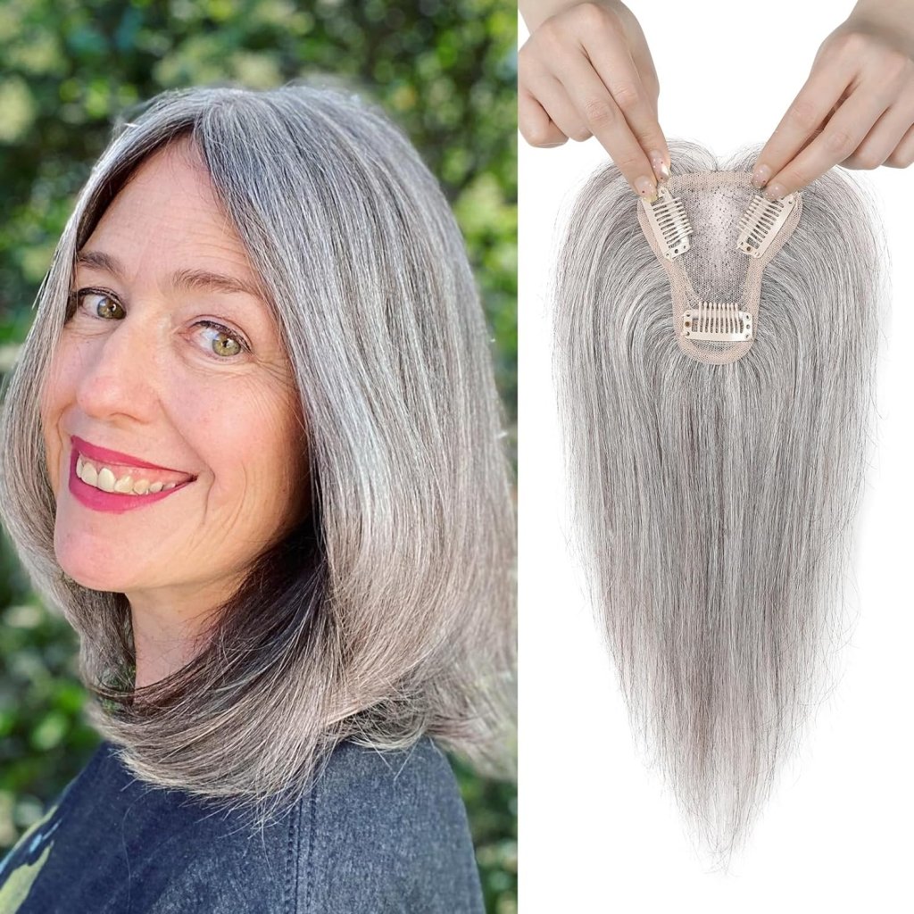 Real Human Hair Topper 10 inch Women Hair Toppers for Thinning Hair Light Grey Wigs