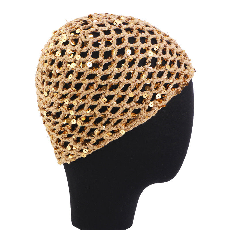 New all cotton hand crocheted sequin hair care net hair cover, hollowed out breathable headscarf cap JDW-67