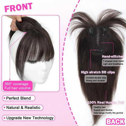 Hair Toppers For Women Real Hair 360° 3D Cover Human Hair Topper Wig with Bangs Hair Pieces