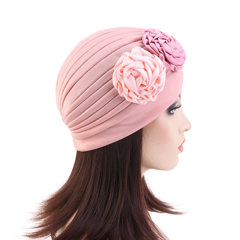 New Double Color Plate Flower Head Towel Hat Retro Fashion Hat Imitation Silk Indian Hat TJM-24Q