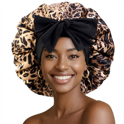 Cross-Border Large Leopard Print Ribbon Sleep Cap, Knotted Hair Protection Cap, Tie-On Shower Cap, Postpartum Cap Jdb-408J-2
