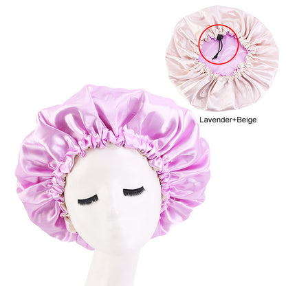 Adjustable Double-layer satin nightcap hair care cap custom LOGO solid color beauty and hairdressing advertising hat