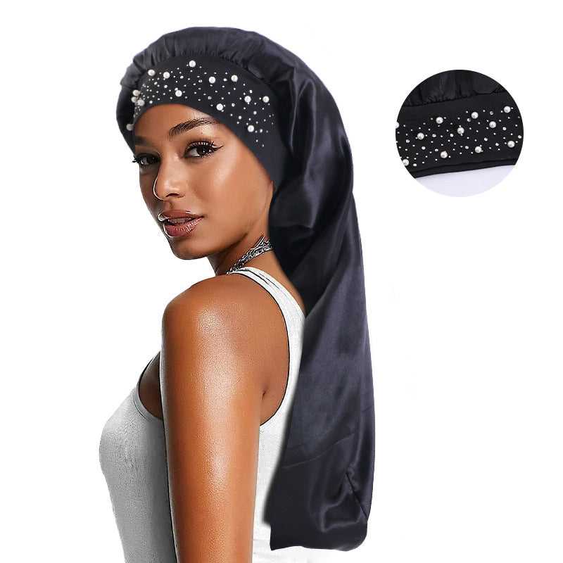 AliExpress hot sale starry Pearl Diamond wide-brimmed satin nightcap long hair care cap long hair shower cap