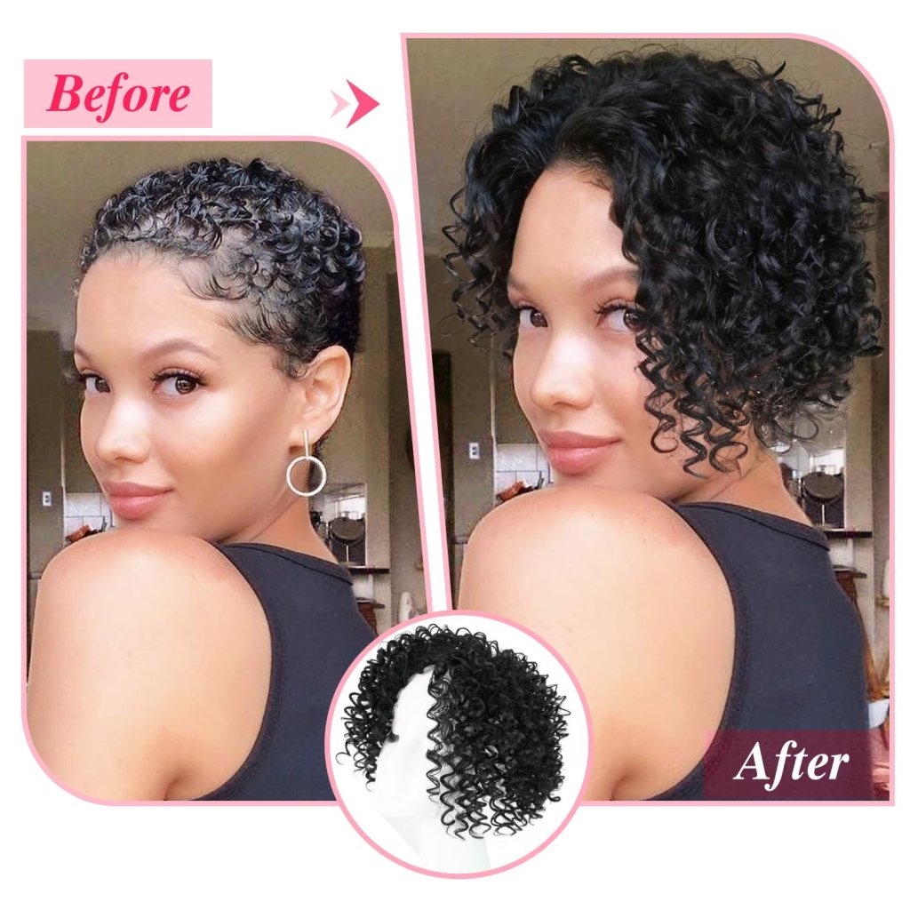 Natural Afro Kinky Curly Short Hair Toppers with Bangs Black Clip in human hair Wiglets Hair Pieces
